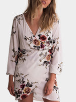 Wholesale White V-Neck Long Sleeve Printed Tiered Slit Wrap Irregular Hem Dresses