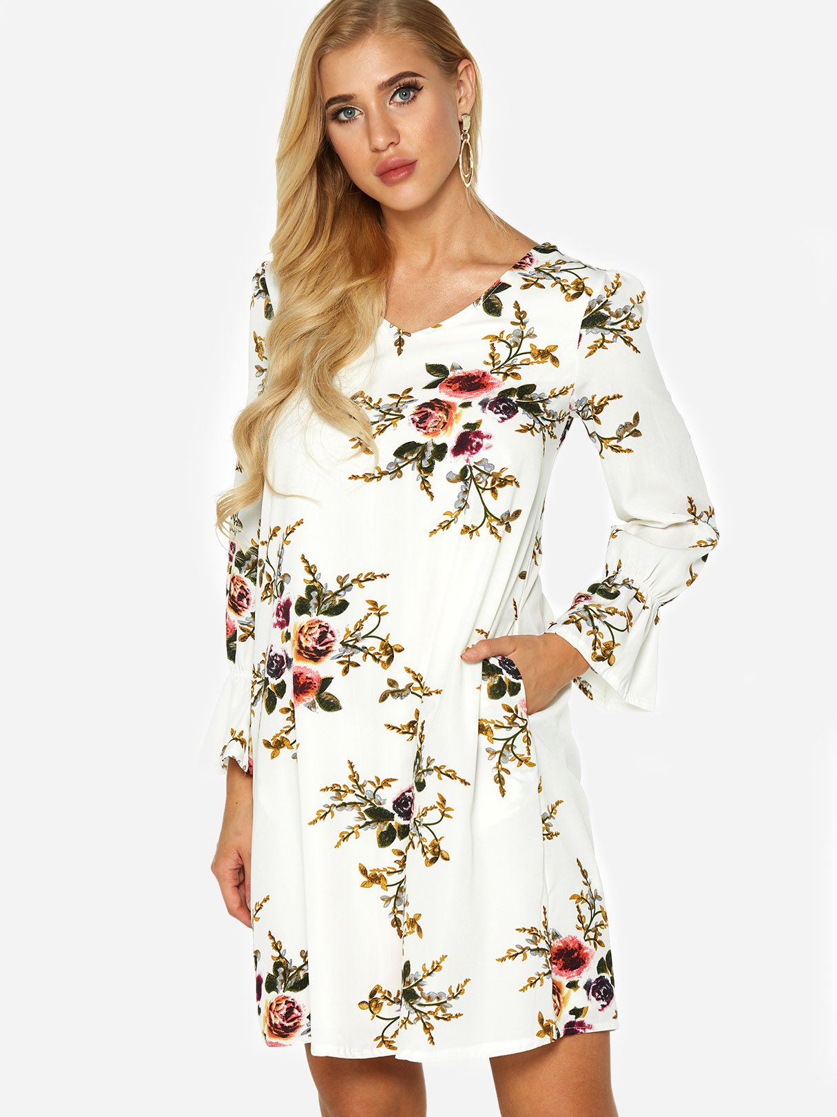 Wholesale White V-Neck Long Sleeve Floral Print Backless Side Pockets Cut Out Dresses