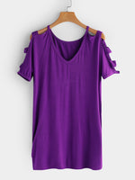 Wholesale V-Neck Cold Shoulder Plain Hollow Cut Out Pleated Short Sleeve T-Shirts