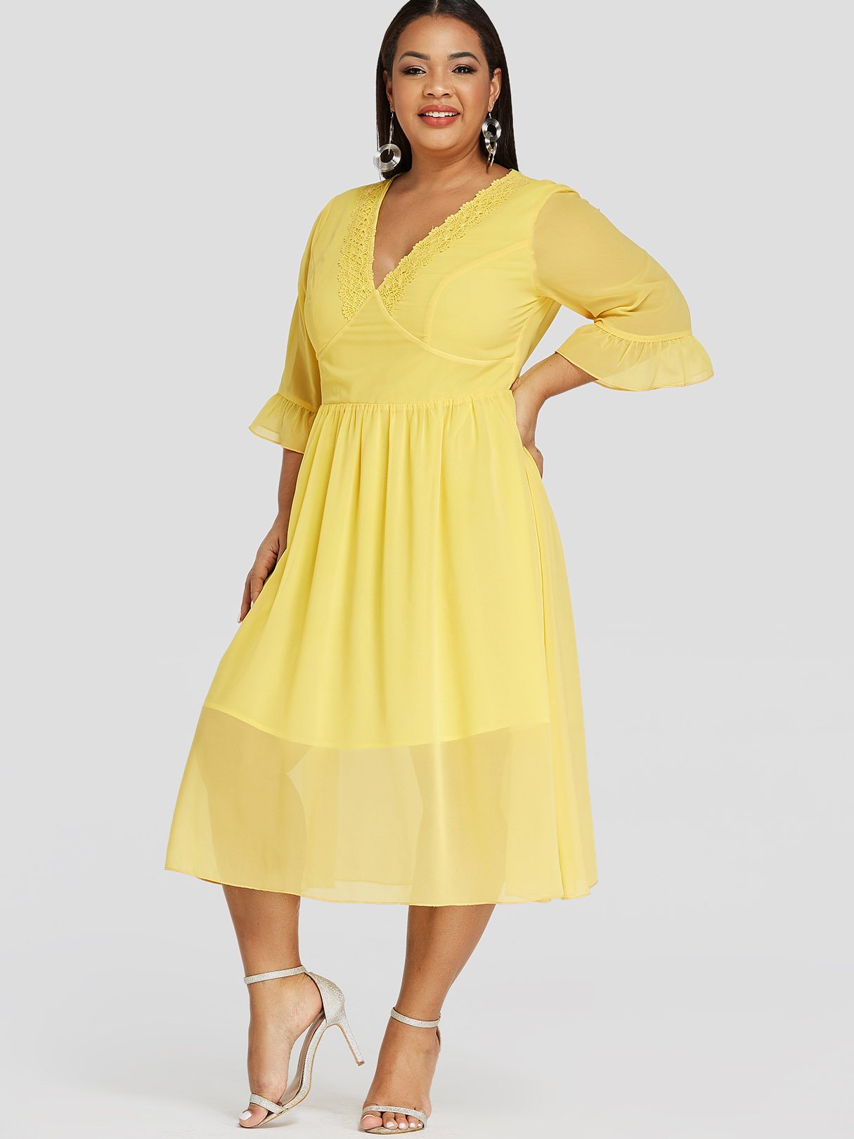 Wholesale Deep V Neck Plain Crochet Lace Embellished Double Layer Half Sleeve Yellow Plus Size Dress