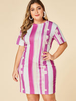 Wholesale Round Neck Stripe Invisible Zipper Short Sleeve Plus Size Dress