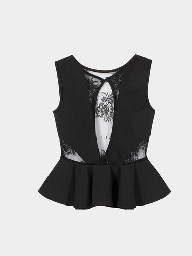 Wholesale Black Peplum Hem Top With Mesh Splicing