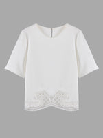 Wholesale Round Neck Lace Half Sleeve Irregular Hem White T-Shirts